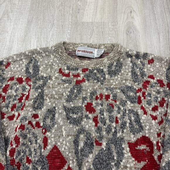Vintage McGregor Sweater Men's Medium Beige Red Geometric Knit Crewneck 90s - Picture 3 of 6